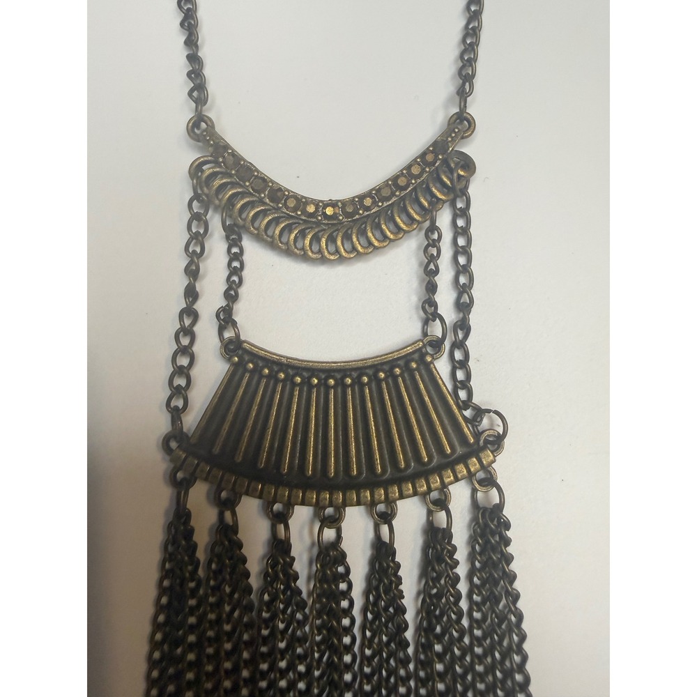 Antique Brass Tiered Fringe Statement Necklace Egyptian Style Bronze‎ Tassel